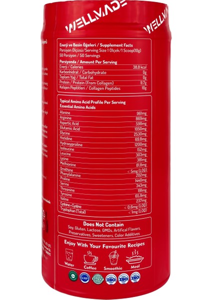 %100 Saf Kolajen Peptit 20 Aminoasit İçeren Takviye Edici Gıda 500 gr (50 Günlük) fiyatları
