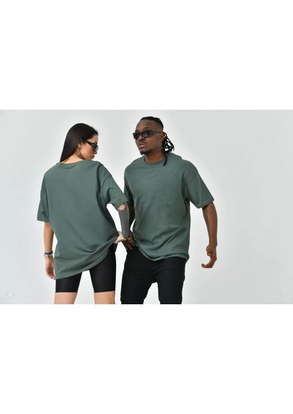 Unisex Basic Bisiklet Yaka Oversize T-Shirt - Haki