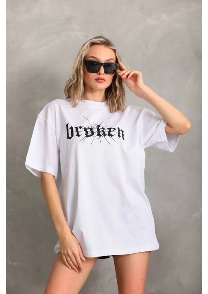 Smg Butik Unisex Baskılı Oversize T-Shirt - Beyaz