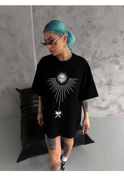 Smg Butik Unisex Bisiklet Yaka Baskılı Oversize T-Shirt - Siyah