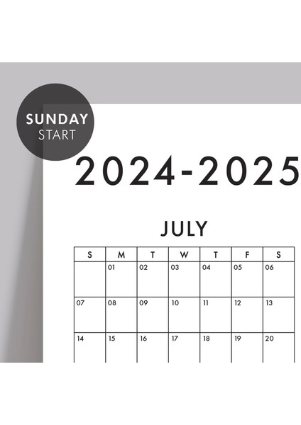 Amerikan Standardı 2024 -2025 Akademik Duvar Takvimi Temmuz Başlangıçlı Pazar Günü Başlangıçlı modelleri
