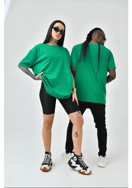 Unisex Basic Bisiklet Yaka Oversize T-Shirt - Yeşil