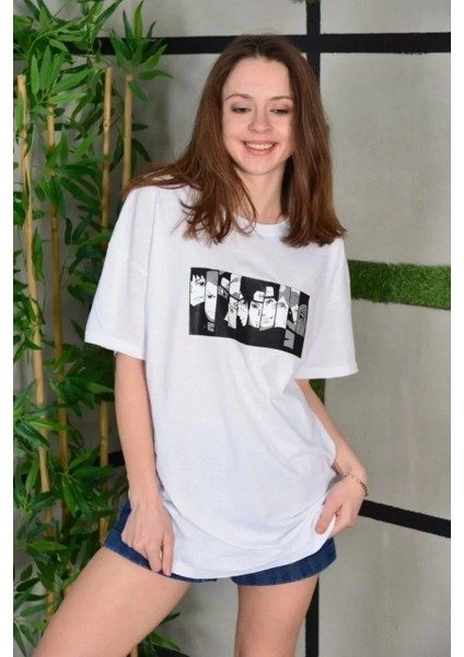 Smg Butik Unisex Bisiklet Yaka Baskılı Oversize T-Shirt - Beyaz