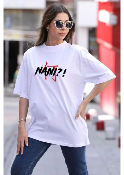 Smg Butik Unisex Bisiklet Yaka Baskılı Oversize T-Shirt - Beyaz