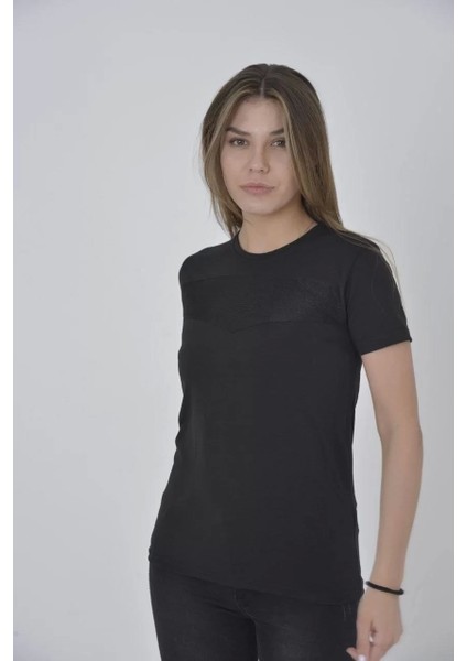 Smg Butik Kadın Gögüs Fileli Slim Fit T-Shirt - Siyah