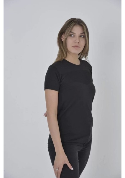 Smg Butik Kadın Gögüs Fileli Slim Fit T-Shirt - Siyah