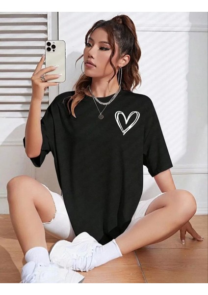 Smg Butik Kadın Bisiklet Yaka Baskılı Oversize T-Shirt - Siyah