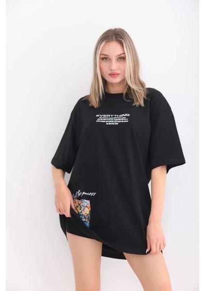 Smg Butik Unisex Bisiklet Yaka Baskılı Oversize T-Shirt - Siyah