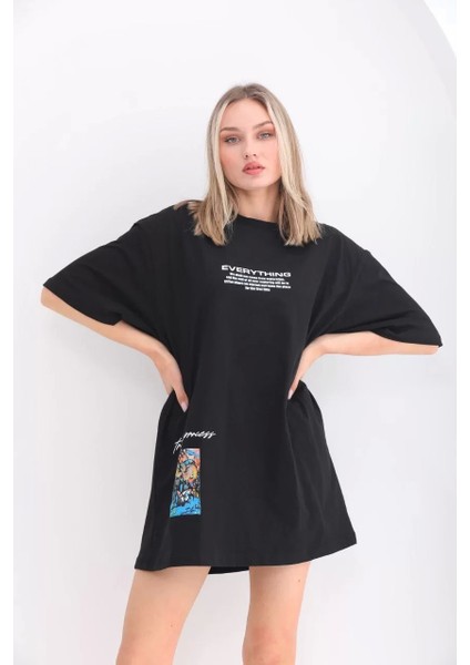 Smg Butik Unisex Bisiklet Yaka Baskılı Oversize T-Shirt - Siyah