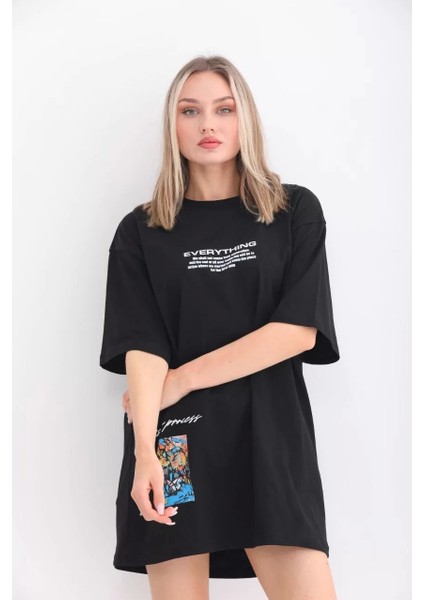 Smg Butik Unisex Bisiklet Yaka Baskılı Oversize T-Shirt - Siyah