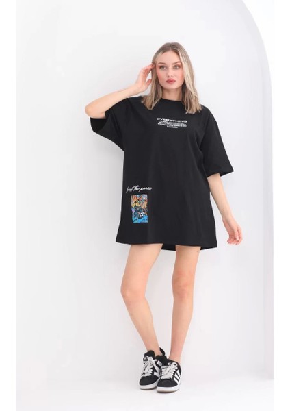 Smg Butik Unisex Bisiklet Yaka Baskılı Oversize T-Shirt - Siyah