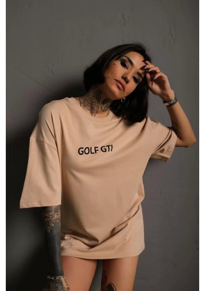 Smg Butik Kadın Sırt Baskılı Oversize T-Shirt - Bej