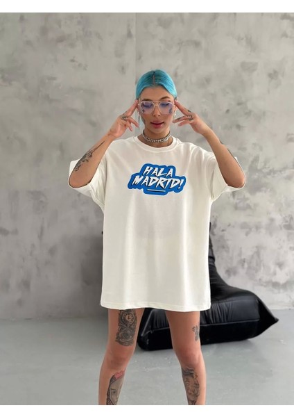 Smg Butik Unisex Bisiklet Yaka Baskılı Oversize T-Shirt - Beyaz