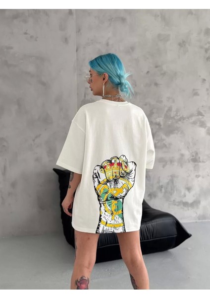 Smg Butik Unisex Bisiklet Yaka Baskılı Oversize T-Shirt - Beyaz