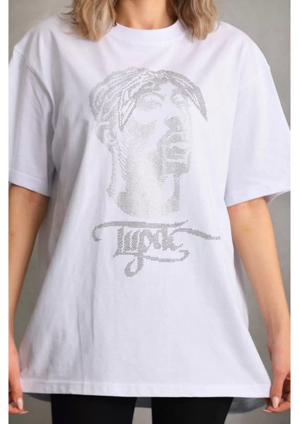 Unisex Taş Desenli Oversize T-Shirt - Beyaz