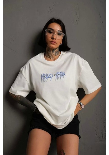 Smg Butik Unisex Bisiklet Yaka Baskılı Oversize T-Shirt - Beyaz