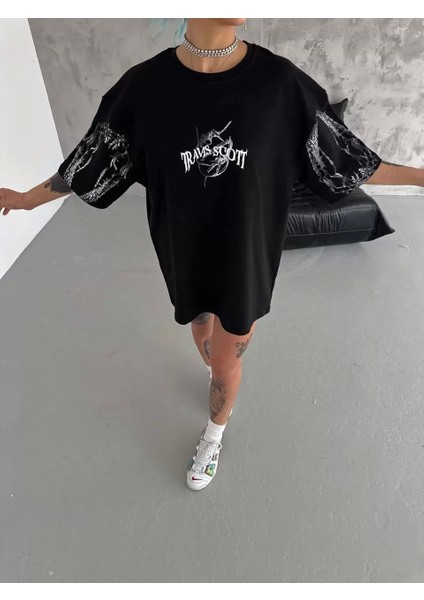 Smg Butik Unisex Bisiklet Yaka Baskılı Oversize T-Shirt - Siyah