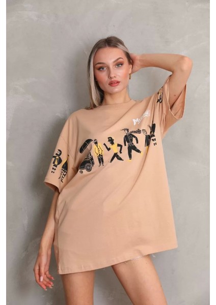 Smg Butik Unisex Bisiklet Yaka Baskılı Oversize T-Shirt - Bej