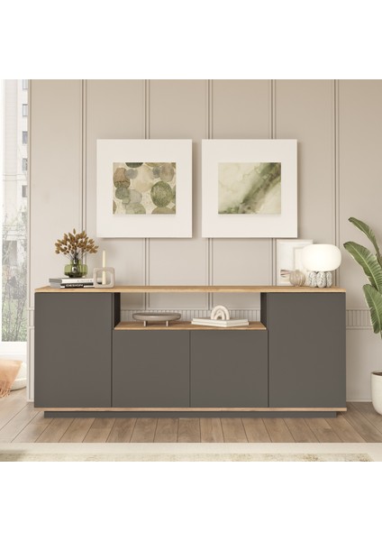 Delphin Konsol 4 Kapaklı Raflı 180CM Çam-Antrasit DLP15-AA