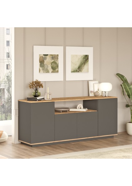 Delphin Konsol 4 Kapaklı Raflı 180CM Çam-Antrasit DLP15-AA