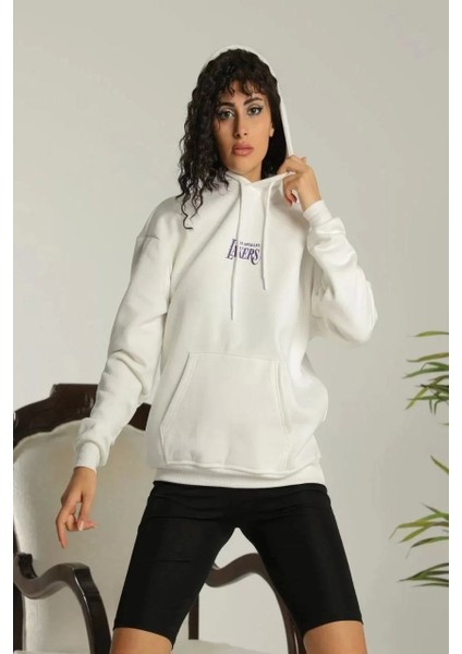 Smg Butik Kadın 24 Sırt Baskılı Ovresize Üç Iplik Kapüşonlu Sweatshirt - Beyaz