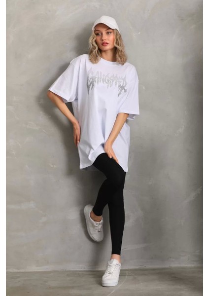 Smg Butik Unisex Taş Desenli Oversize T-Shirt - Beyaz