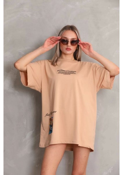 Smg Butik Unisex Bisiklet Yaka Baskılı Oversize T-Shirt - Bej