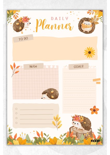 Günlük Planlayıcı A4 Ebat Sevimli Kirpi 30 Yaprak Daily Planner