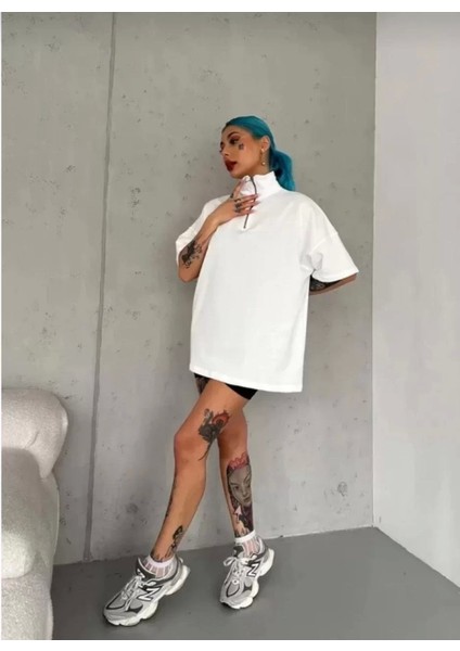 Smg Butik Unisex Yarım Fermuarlı Düz Oversize T-Shirt - Beyaz