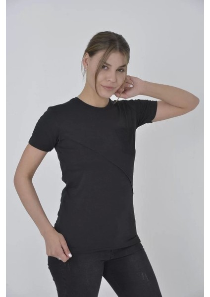 Smg Butik Kadın File Cepli Slim Fit T-Shirt - Siyah