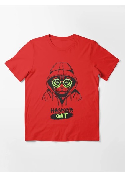 Hacker Cat Baskılı Bisiklet Yaka T-Shirt