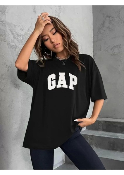 Smg Butik Kadın Nakışlı Oversize Penye T-Shirt - Siyah