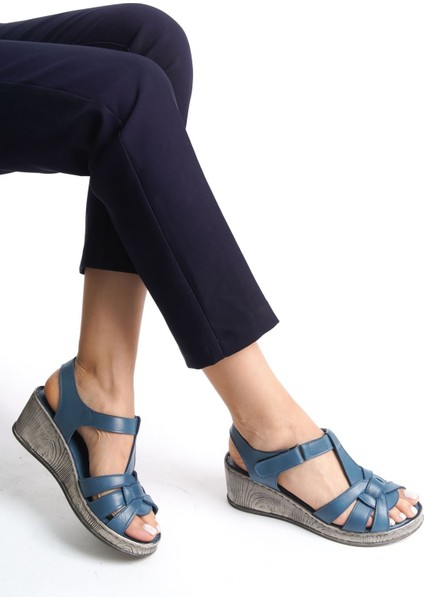 Deri Kot Mavi Anatomik Taban Comfort Kadın Sandalet TMD202455