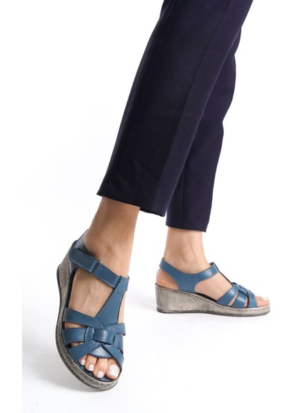 Deri Kot Mavi Anatomik Taban Comfort Kadın Sandalet TMD202455