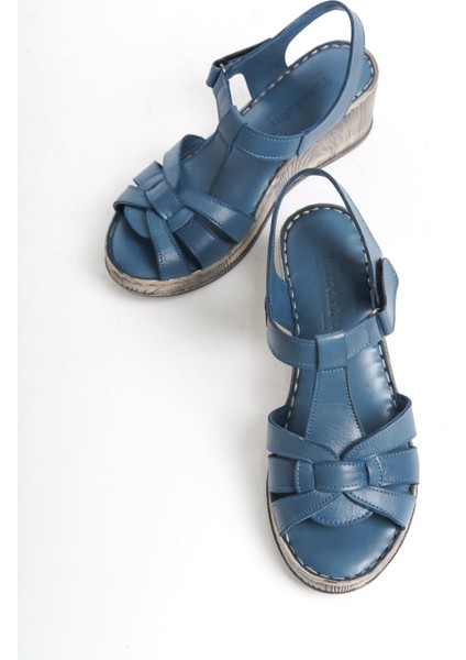 Deri Kot Mavi Anatomik Taban Comfort Kadın Sandalet TMD202455
