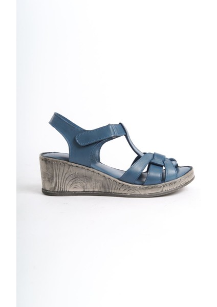 Deri Kot Mavi Anatomik Taban Comfort Kadın Sandalet TMD202455