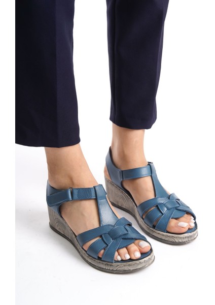Deri Kot Mavi Anatomik Taban Comfort Kadın Sandalet TMD202455
