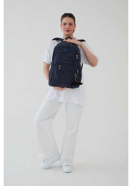 Collina Unisex Imperteks Kumaş Su Geçirmez Büyük Boy Çok Gözlü Lacivert Seyahat Sırt Çantası Okul Çantası RC-S001F
