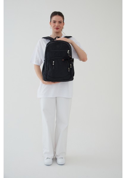 Collina Unisex Krinkıl Kumaş Su Geçirmez Büyük Boy Çok Gözlü Seyahat Sırt Çantası Okul Çantası RC-S001B