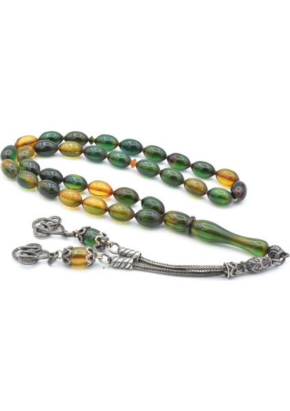 Gümüş Püsküllü Arpa Kesim Mavi Sıkma Kehribar Tesbih