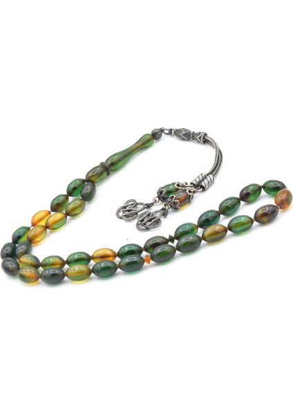 Gümüş Püsküllü Arpa Kesim Mavi Sıkma Kehribar Tesbih fiyatları