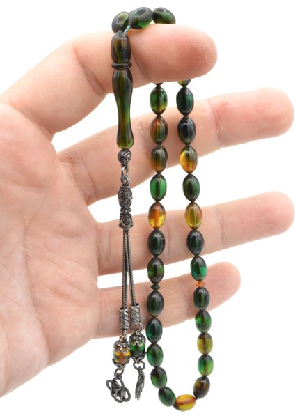 Gümüş Püsküllü Arpa Kesim Mavi Sıkma Kehribar Tesbih modelleri