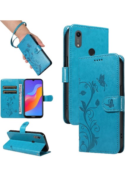 Huawei Y6 2019 Için Flip Case El Kayışı ile Kabartmalı Kelebek Yüksek ve (Yurt Dışından)