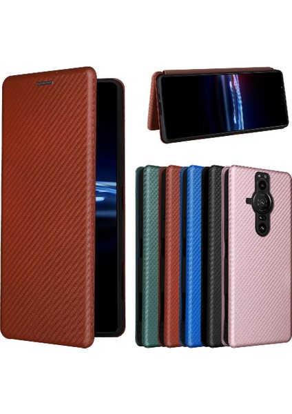 Sony Xperia Pro-I Deri Folio Flip Case Için Kılıf Manyetik Karbon Fiber (Yurt Dışından)