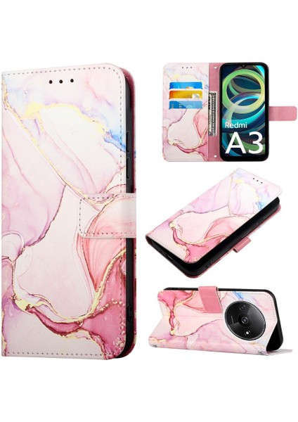 Xiaomi Redmi A3 Mermer Desen Cüzdan Kickstand Pu Deri Kılıf (Yurt Dışından)