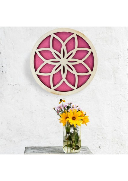 Ahşap Yuvarlak Lotus Çiçeği Kabartmalı Tablo 60 cm