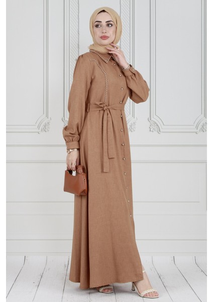 Inci Çakım Önü Düğmeli Keten Elbise-Camel