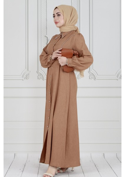 Inci Çakım Önü Düğmeli Keten Elbise-Camel