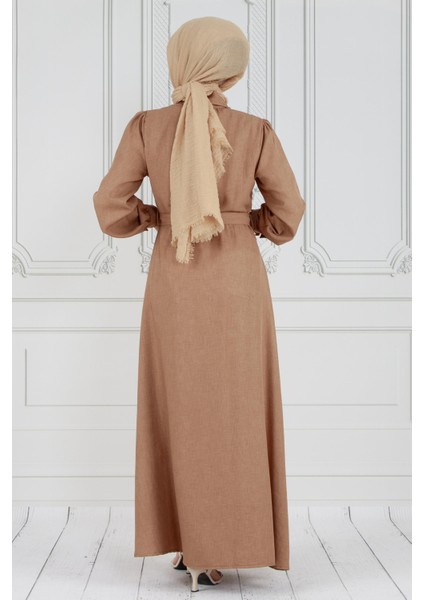 Inci Çakım Önü Düğmeli Keten Elbise-Camel