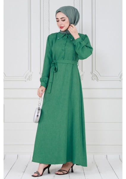 Inci Detaylı Kuşaklı Tesettür Elbise-Yeşil fiyatları
